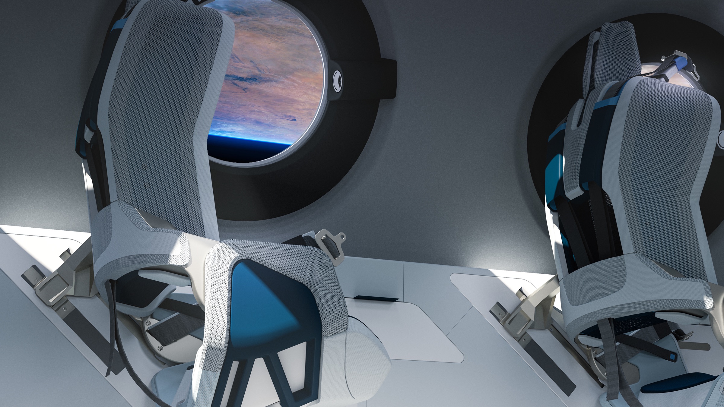 Cabin seat and window detail, Earth visible through the porthole