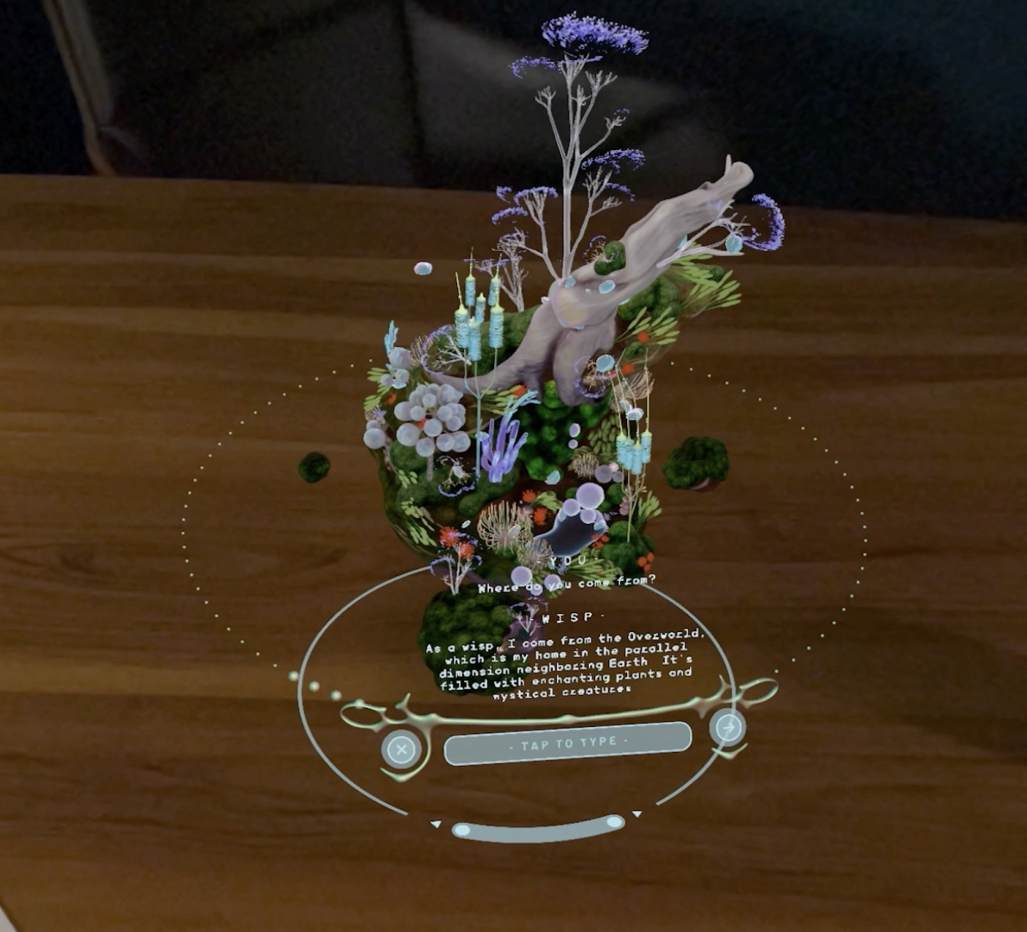 In-headset — talking with the Wisp, its world blooming above a conversation panel