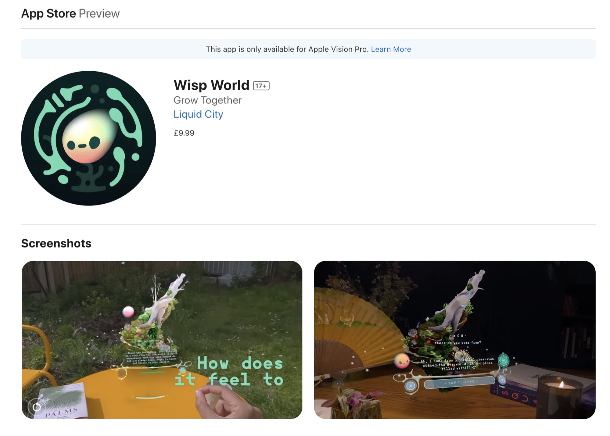 Wisp World listing on the Apple Vision Pro App Store